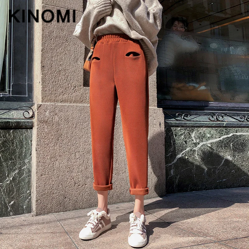 KINOMI Autumn Winter Thicken Corduroy Trouser for Women High Waist Women Pants Female Korean Harem Casual Long Pants New