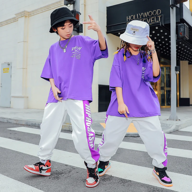 Summer Kids Hip Hop Boys Girls Street Dance Costume Purple T-Shirts Short Sleeves Outfit Hip-Hop Pants Jazz Dance Wear BL6238