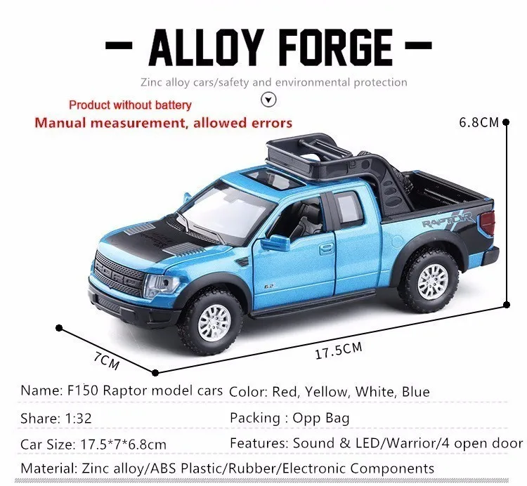 1:32 Ford Raptors F150, модель автомобиля из сплава, игрушка с оттягиванием, флеш и музыка, литье под давлением, металлический пикап, модель, классический американский автомобиль для мальчиков