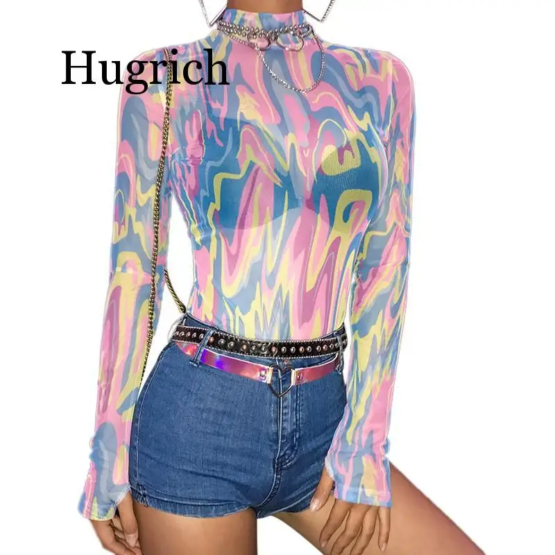 

2020 New Fashion Design Colorful Mesh Bodysuit Sexy Transparent Romper Long Sleeve Jumpsuits For Women Turtleneck Body Overalls
