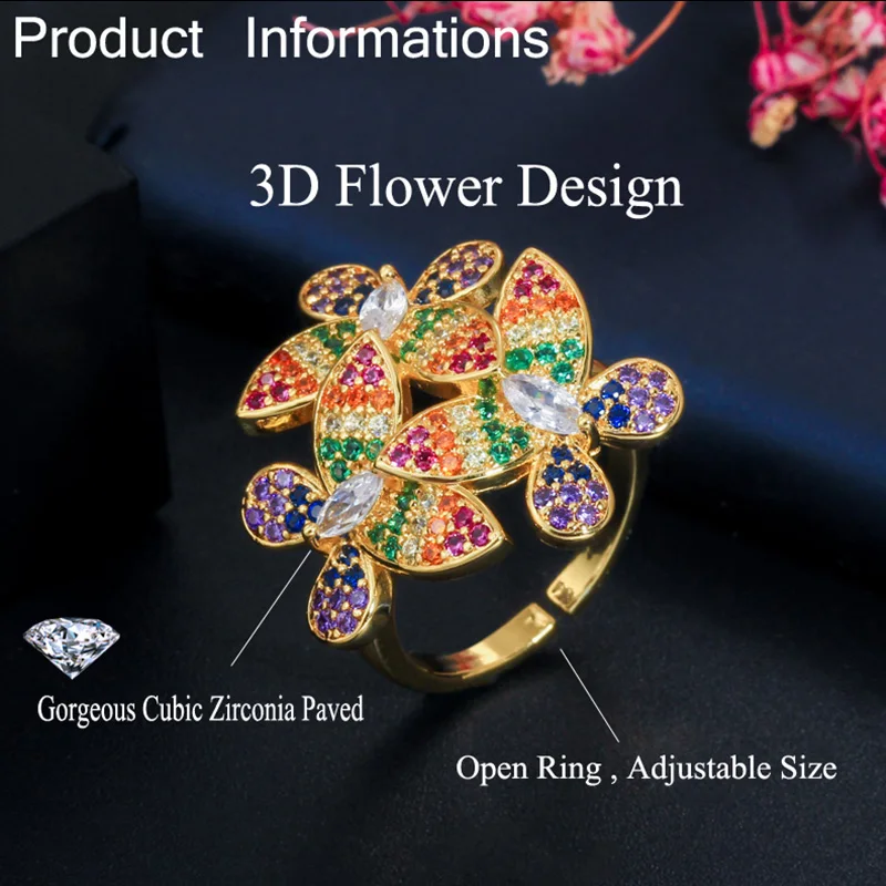 Pera Brilliant Micro Pave Многоцветный CZ Регулируемая бабочка форма цветок кольца для свадьбы помолвки вечерние женские ювелирные изделия R117