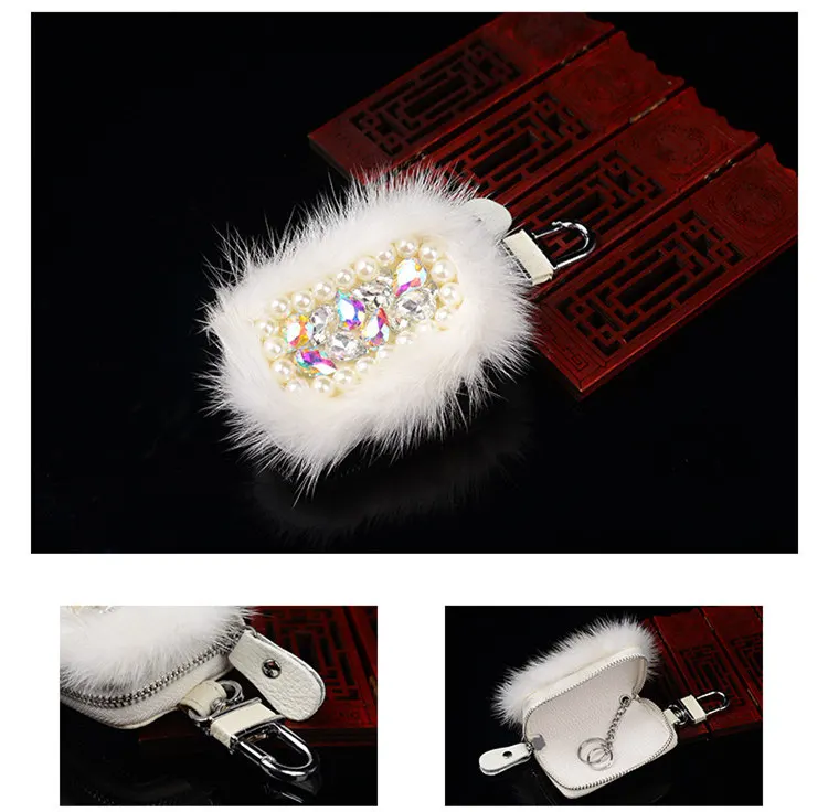 Fashion Leather Rhinestone Diamond Car Key Cover Key Case Universal Size Mink Plush Fur Car Key Holder Key Wallets Storage Bag