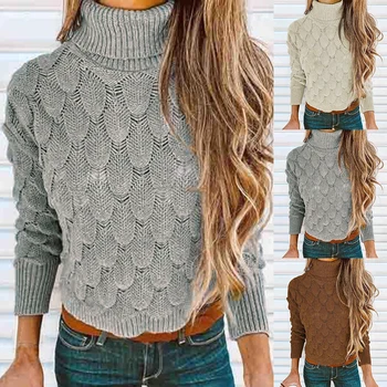 

2020 High Neck Woven Hollow Sweater Feather Layered Women's Loose Pullover Long Sleeve Short Knit Sweater Turtleneck Casual Full