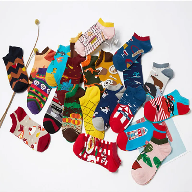 

New Style Unisex Socks Left Right Different Pattern Fox Egg Sea Wine Cup Tomato Pumpkin Creative Men Socks Women Socks Sneakers