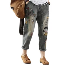 Зимние женские джинсовые штаны, джинсы с вышитыми цветами для девочек из мультфильма, женские эластичные негабаритные Джинсы бойфренда, уличные Капри