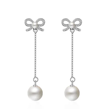 

Delicate 100% 925 Sterling Silver Sparkling Bow with pearl Drop Earrings With Clear CZ Women Party Luxury Jewelry
