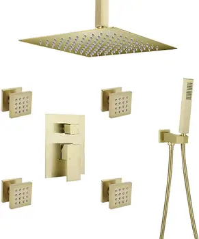 

Shower System Bathroom Ceiling Brass Faucet Set with 12" Rain Shower Head Set and Body Jets (Brushed Gold)