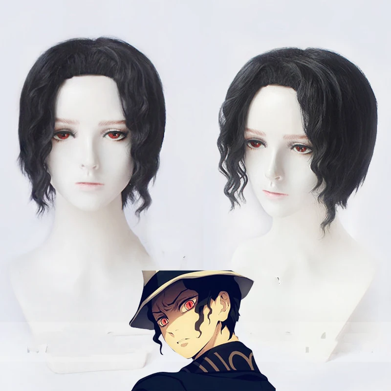 Черный короткий кудрявый парик Demon Slayer Kimetsu no Yaiba Kibutsuji для косплея термостойкие