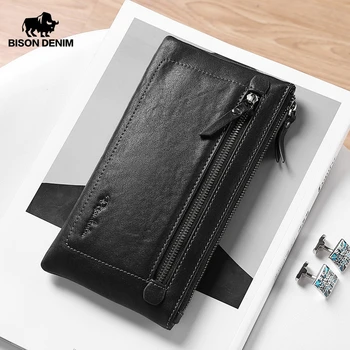 

BISON DENIM Brand Cowskin Men Long Wallet Card Holder Clutches Male Genuine Leather Zipper Pocket Long Purse For Men Gift N8161