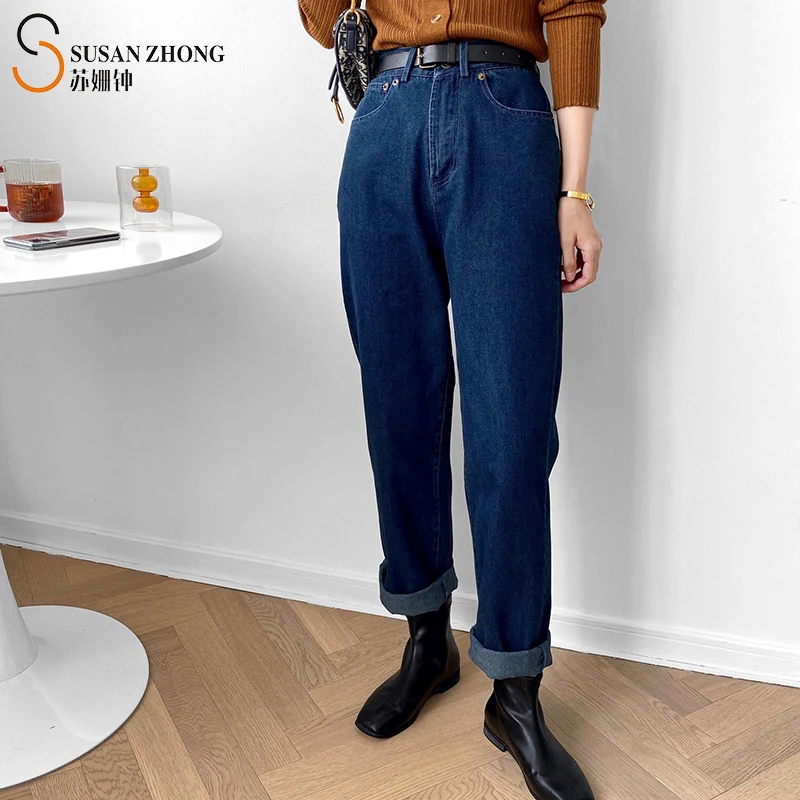 

Women Jeans Female Pants Denim Trousers Simple Elegant Basic Button Thick Fabric Cotton Office High Waist Loose Harem Autumn