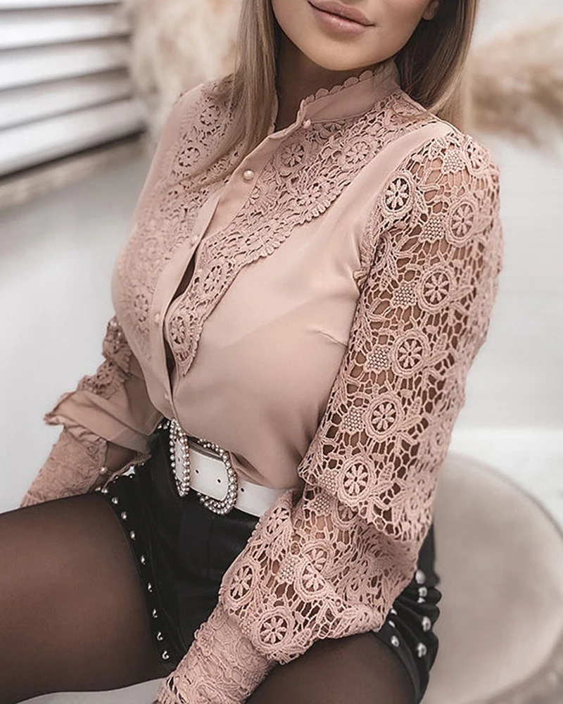 Blusa elegante de encaje de guipur para mujer, blusa con diseño de botones  y cuello falso, retales, camisa blanca Lisa ahuecada para mujer 2021 -  AliExpress Ropa de mujer