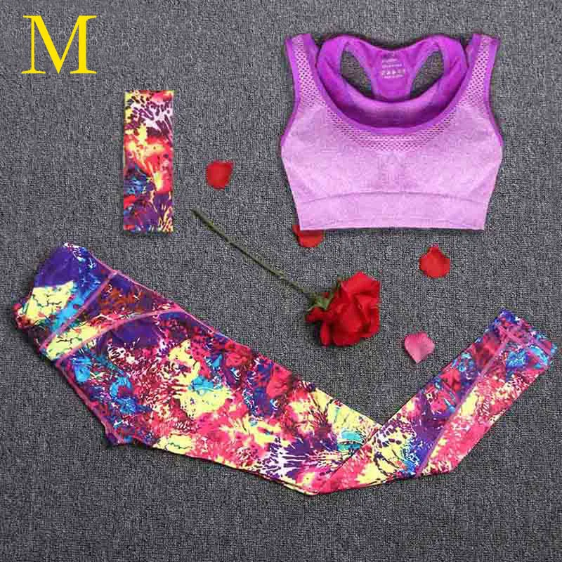 Yoga sets M Для женщин костюм для занятия йогой Фитнес спортивные костюмы Спортивная одежда спортивная 3 шт./компл. костюмы повязка на голову+ топ+ шорты с принтом Штаны Для Йоги Спортивные Леггинсы - Цвет: Yoga sets M