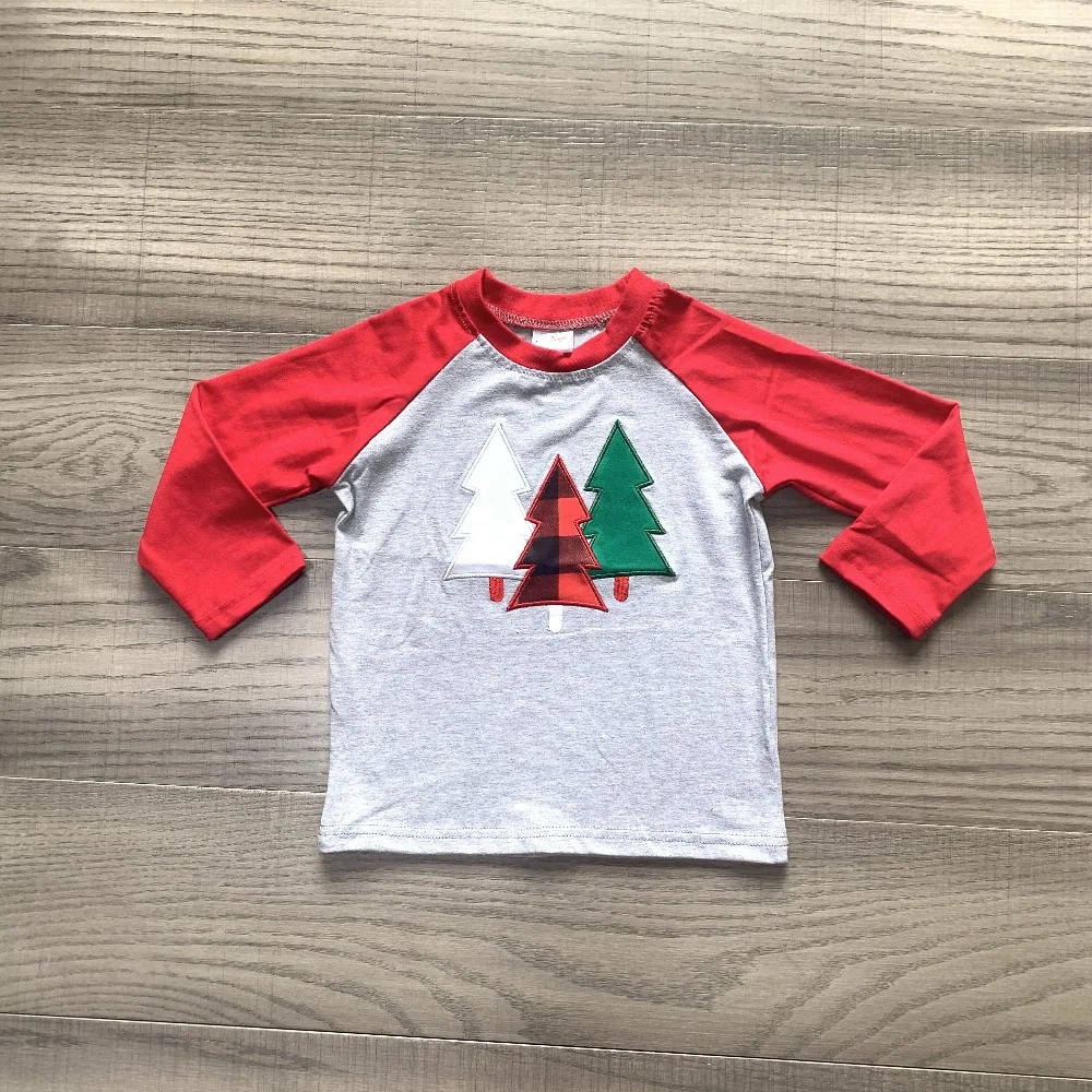 Christmas day Fall/winter baby boys children clothes red plaid Christmas tree boutique cotton top t-shirts raglans long sleeve