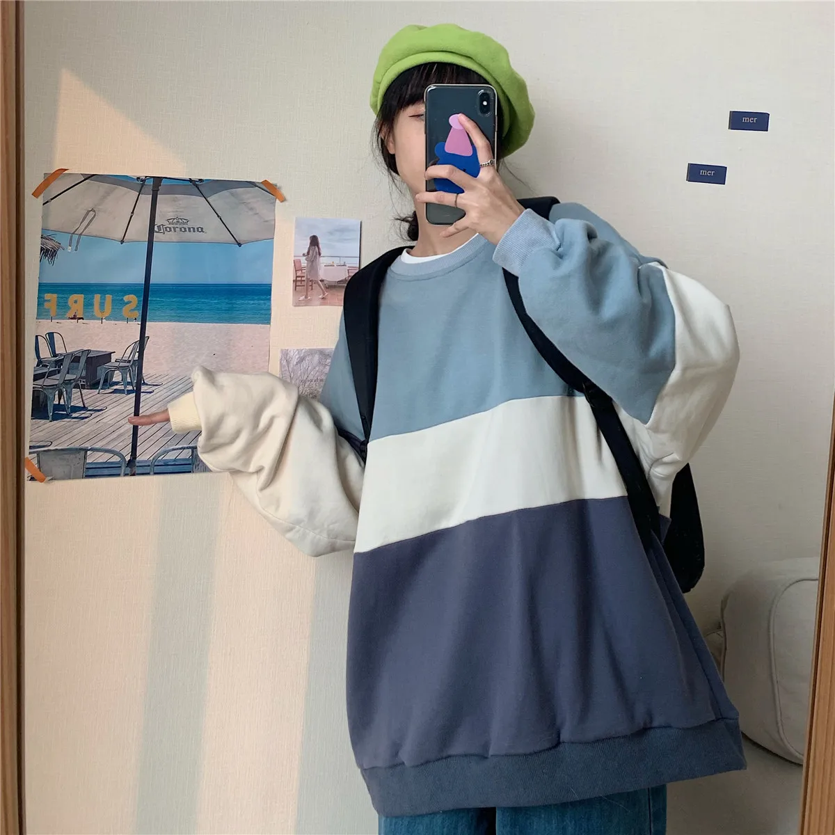 

Fashion Hoodies Women Cotton Round Collar Mix Colors Letter Print Long Sleeve Sweatshirts Vintage Blue Casual Loose Sweatshirt