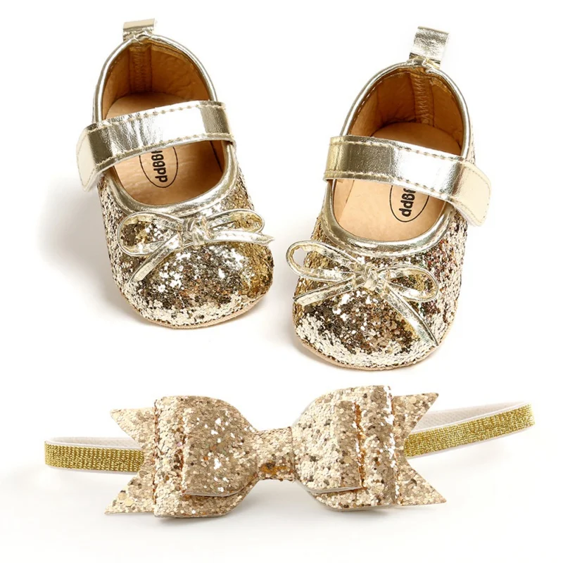 Sequins Baby Shoes Leather Toddler Baby Girl First Walkers Sets Headband Bow-knot Soft Sole Hook & Loop Bling Shoes for Girls