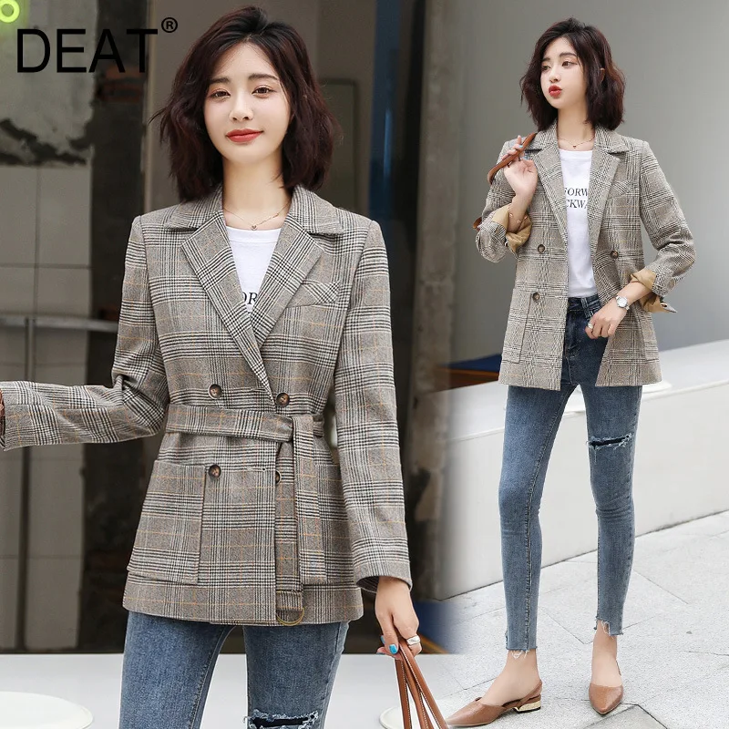 

[DEAT] 2019 Autumn Fashion Trend New Pattern Wild Temperament England Double-breasted Plaid Wiast Slim Thin Female Blazer AI970