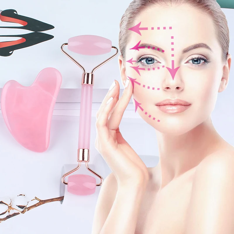 

2pc/Set Jade Massager Face Skin Gouache Scraper Roller Gua Sha Board Natural Beauty Relax Household Face Lift Accessories Tools