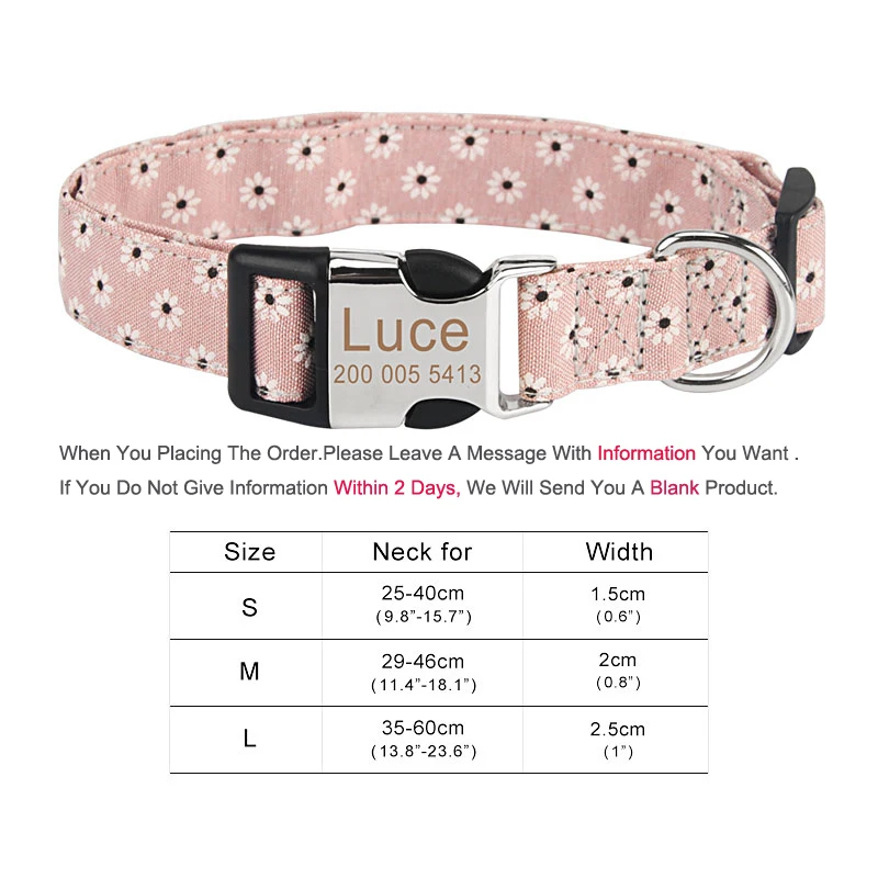 Engrave Pet Collar Customize Name Dog Collar Custom ID Pink Flower Cat Collar Engraved for Big Small Dogs 