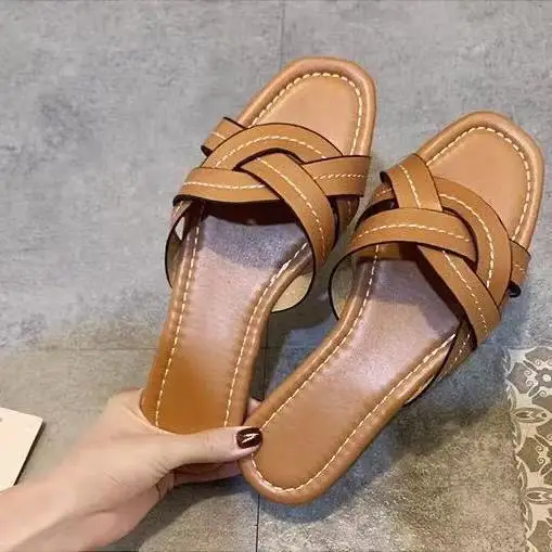 

Women shoes outer wear 2021 summer new fashion woven cross retro women slippers open-toed flat-bottomed black female sandals