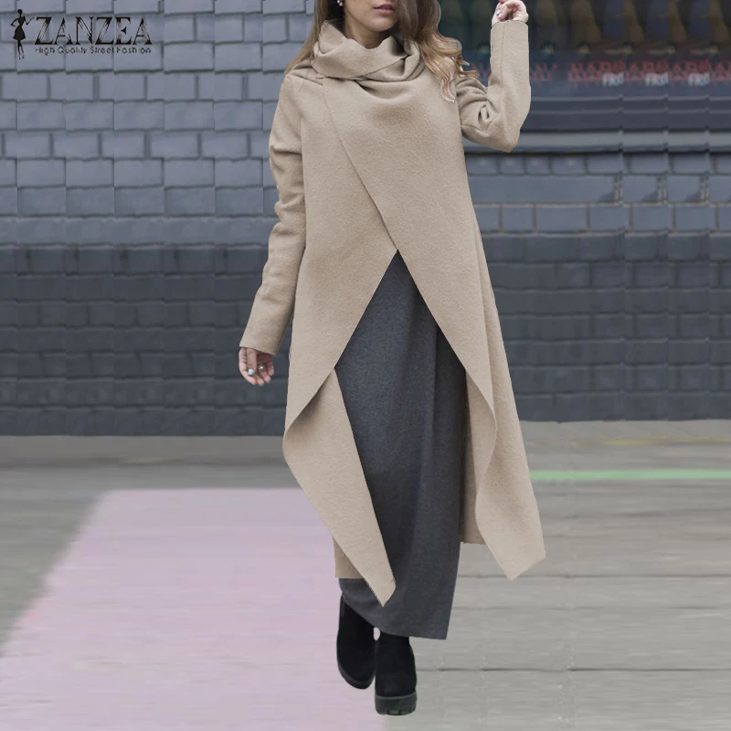discounted ZANZEA Women Casual Solid Turtleneck Long Coats Long Sleeve Split Jackets Female Loose Overcoats Wa
