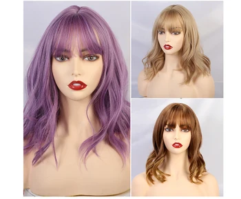 JONRENAU High Quality Short Natural Wave Hair Synthetic Wigs with Neat Bangs for Women Pink Beige Brown 3 Colors for Choose 6