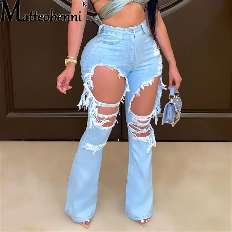 Women Vintage Hollow Out High Waist Fashion Zipper Jeans Big Holes Jeans Harajuku Chic Flare Jeans Wide Leg Pants Jeans Women