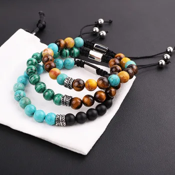 Men Bracelet New Design Stainless Steel Vintage Leaf Feather Charm Natural Stone Adjustable Macrame Bacelet Men