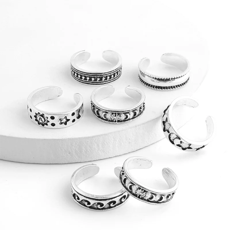 7Pcs Retro Hollow Carved Star Moon Toe Rings Kits Bohemian Adjustable Opening Finger Ring for Women Boho Beach Foot Ring Jewelry - Image 5