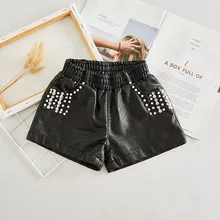 Весенне-осенние шорты для девочек детские шорты из искусственной кожи детские штаны Детская уличная одежда искусственная кожа, блестки, жемчужные вставки, от 2 до 14 лет