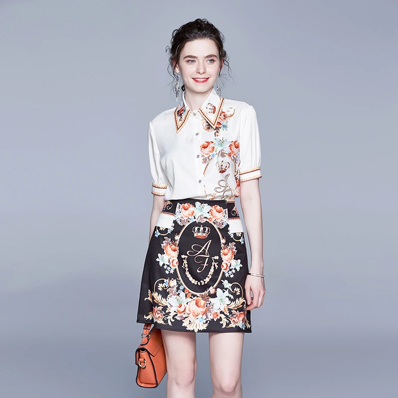 

Runway 2 Piece Set Office Ladies Rose Skirt and Short Sleeve Shirt Women Casual Flower Print Blouse Summer 2 Piece Outfits k1080