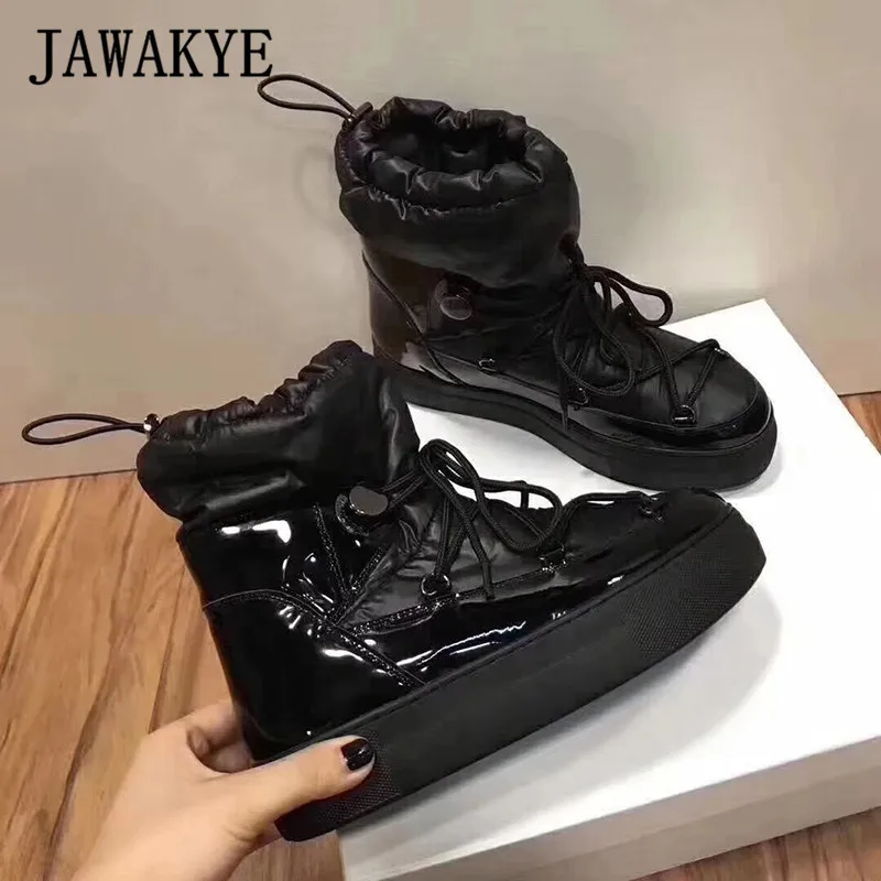 black shoelace Теплые зимние сапоги на плоской платформе; женская обувь с круглым носком; резиновые сапоги с перекрестной шнуровкой; водонепроницаемые зимние сапоги для женщин; цвет черный, белый - Цвет: black shoelace