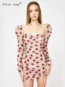 

Tight weight heavy craft embroidery sequined mesh strawberry sexy dress 2020New ladies drawstring casual women's mini dress XL