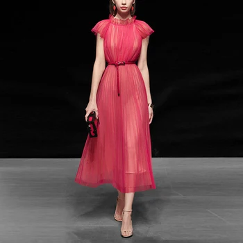 

Seifrmann Summer Fashion Runway Solid Red Dress Ladies Sexy Charming Ruffled Wrap Belted Women Draped Midi Dresses Vestoidos