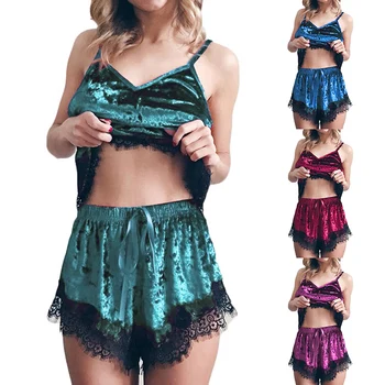 

Sexy Summer Women Pajamas Set Lace Patchwork Sleepwear Sleeveless Camisole Drawstring Shorts Two-piece Sets Fleece Homewear