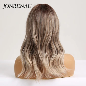 JONRENAU 16 Inches Synthetic Platinum Blonde Hair Long Natural Wave Ombre Brown Mixed Color Party Wigs for White/Black Women 5