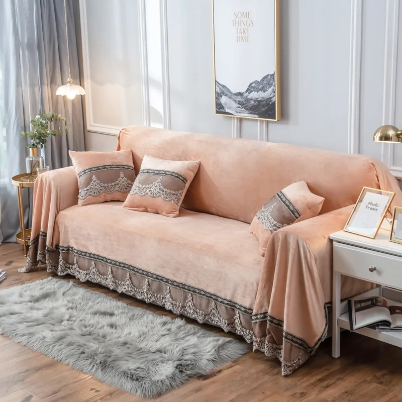 Dark camel Европейские Роскошные 1/2/3/4-seater для диванов одноцветное Цвет Универсальный диван Полотенца с кружевной вышивкой все включено пылезащитный чехол для дивана - Цвет: Dark camel