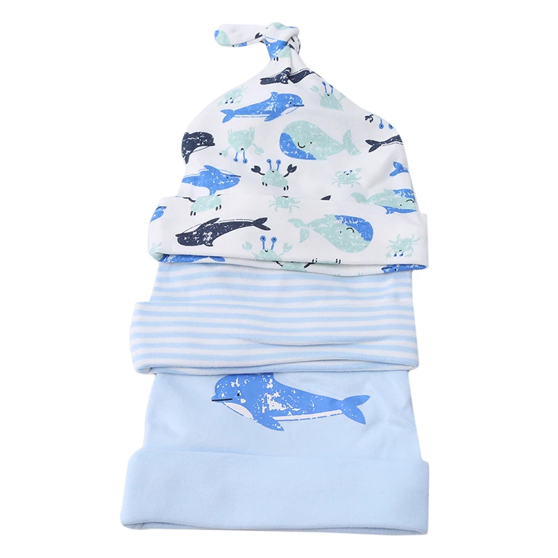 Baby Hat Animal Printed Baby Hats& Caps For 0-6 Months Newborn Baby Soft Hat Accessories 3pcs/pack - Цвет: Blue whale