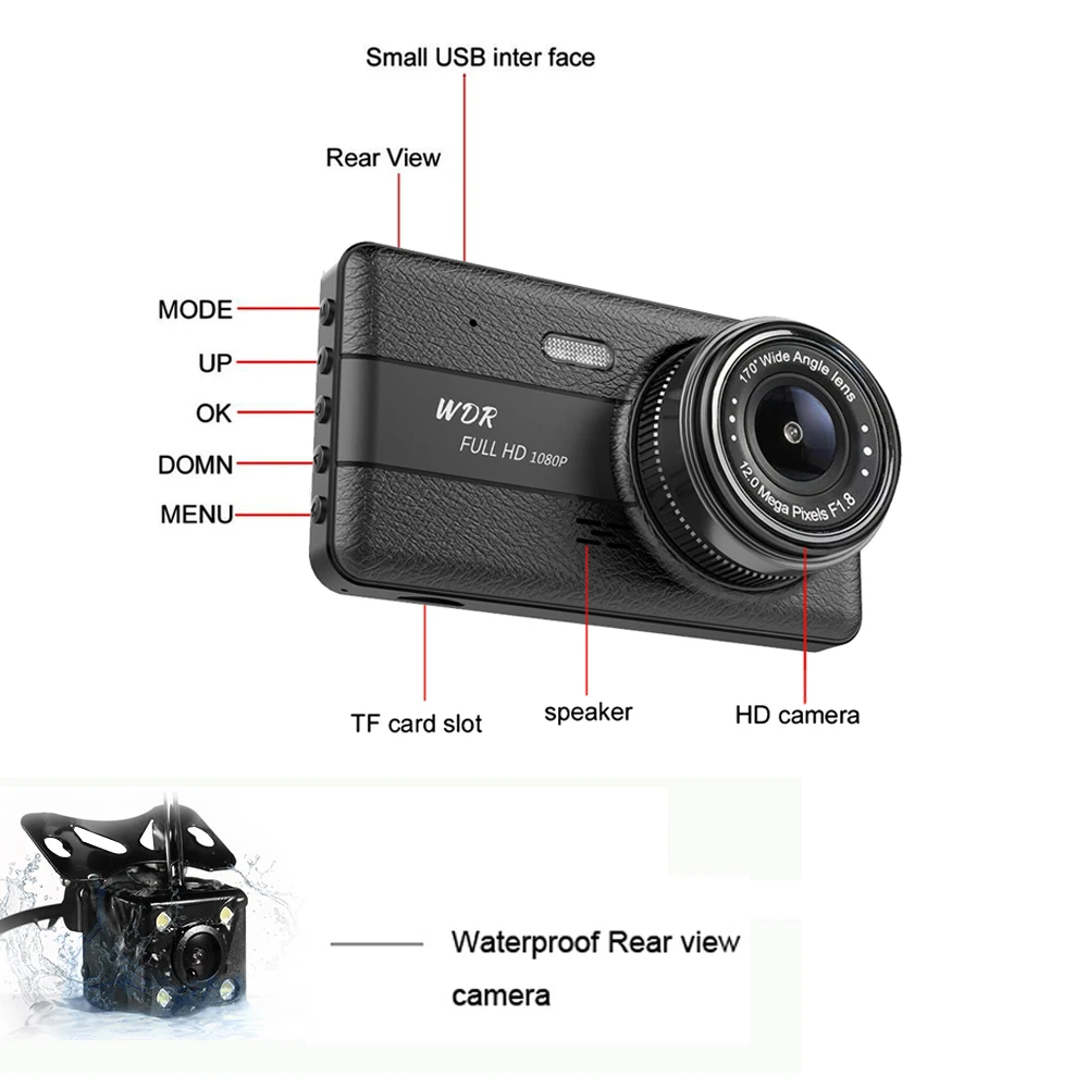 4 дюйма Автомобильный Камера Двойной объектив Dash Cam 1080P воспринимающий силу тяжести, режимом ночной съемки, g-сенсором и Видеорегистраторы для автомобилей Видео Регистраторы с заднего вида Камера тире Камера