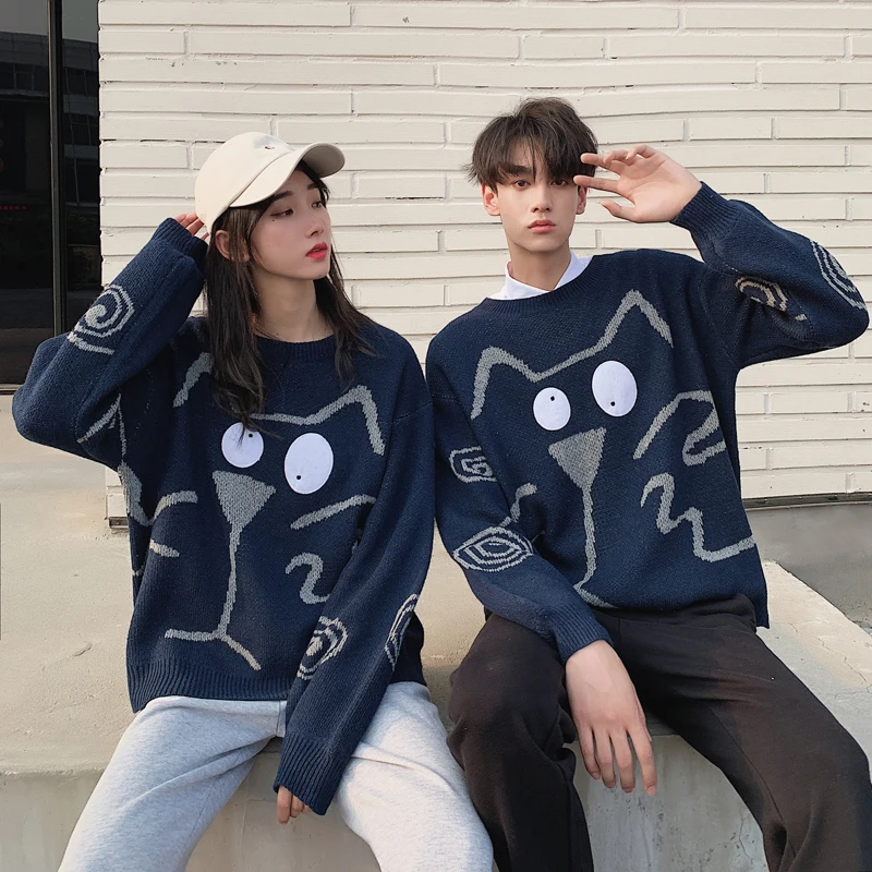 2019 Joker Sweater Male Ins Personality Knitting Unlined Upper Garment Easy Cartoon Lovers Thin Round Neck Chinese Style Blue 2019 Joker Sweater Male Ins Personality Knitting Unlined Upper Garment Easy Cartoon Lovers Thin Round Neck Chinese Style Blue