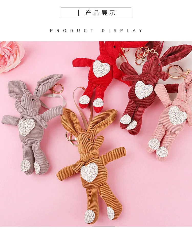 Plush Fabric Cartoon doll Keychain Stick-on Crystals Peach Heart Rabbit Key Ring Students Couples Gift Handbag Pendant
