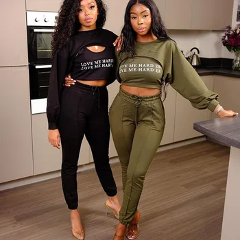 

three piece set women spring outfits tracksuit vest + hoodie + pants matching set crop top high waist autumn fall sweatsuit