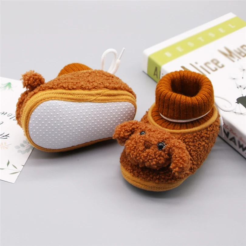 Обувь для малышей; зимняя меховая детская хлопковая обувь с рисунком собаки; зимние ботинки для мальчиков и девочек; теплая мягкая нескользящая обувь для малышей; 0-12 месяцев; A20