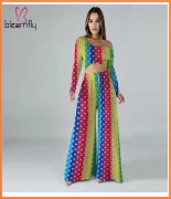 Boho Сексуальный комплект из двух предметов с открытыми плечами, укороченный топ с длинным рукавом+ юбка макси с разрезом, комплекты с трусиками, женские костюмы с радужным принтом