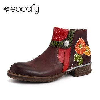 

SOCOFY Retro Boots Genuine Leather Stitching Flowers Zipper Soft Sole Flat Ankle Boots Elegant Shoes Women Shoes Botas Mujer