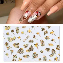 Голографическая Золотая 3D наклейка для ногтей лист кокосового дерева клей для ногтей переводная наклейка Марпл лист водяные наклейки для ногтей украшение