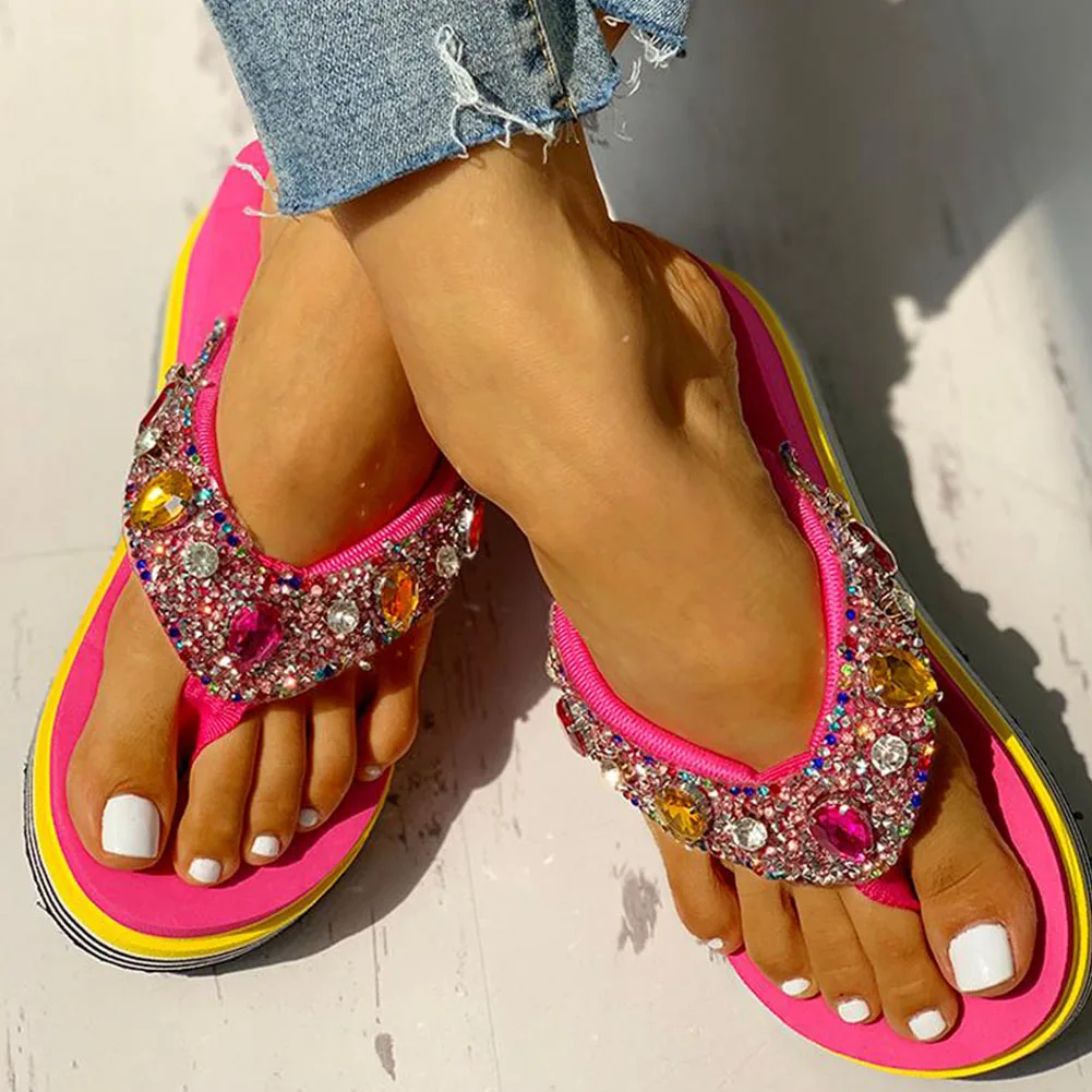 Karinluna 2020 Drop ship striped Sandal Leisure crystals Flip&ampFlops comfortable heels Summer Shoes Women Slippers | Обувь