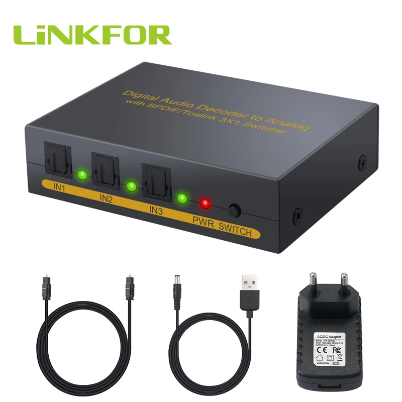 LiNKFOR цифровой аналоговый аудио декодер 3 порта оптический SPDIF Toslink к L/R RCA 5 мм