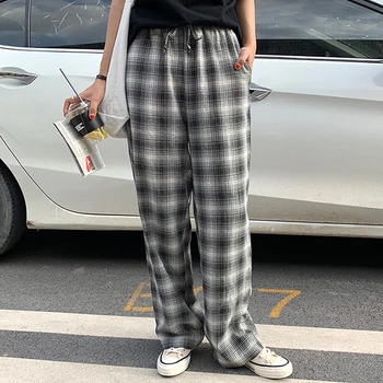 

Vintage High Waist Black Plaid Wide Leg Pants Women 2020 Casual Female Pocket Streetpants Cotton Loose Straight Pants Trousers
