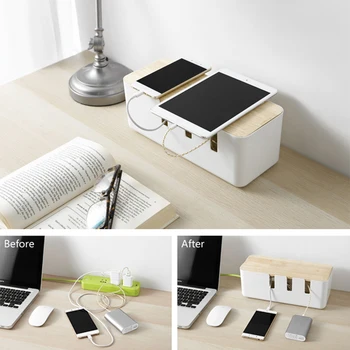 

Cable Management Box with Wooden Lid for Cords, Power Strips Home Office Desks Organizer