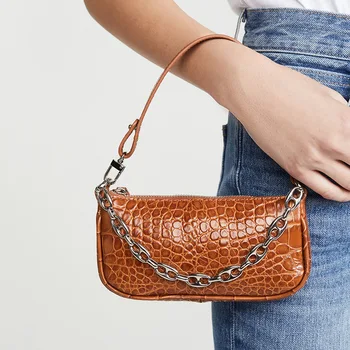 

Women's Leather Baguette Bag 2020 New Aalligator Pattern Chain One Shoulder Package Solid Color Phone Pack C552